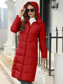 Women's Long Puffer Jacket Autumn Winter Warm Quilted Coat Long Sleeve Zip Up Jacket Fall Outerwear With Hood Streetwear Y2K Long Cardigan Hoodies - 紅色 - 查看 4
