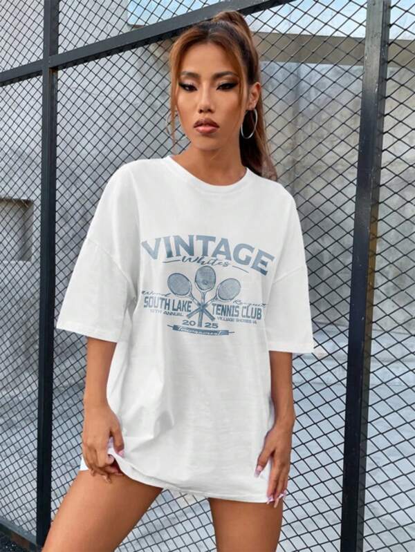 Camiseta Básica Feminina Oversized Tennis Club cor Branca Malha 100% Algodão