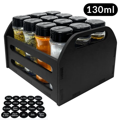 Cesta Caixote MDF com Alça + 12 Potes Tempero 130ml de Plástico para Condimentos Especiarias Temperos com Tampa Dosadora Dupla + Adesivos