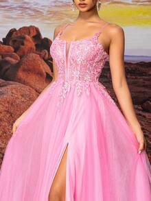 Rosa Tüll Slip Kleid, farbenfroher und schöner Kleid mit unterschiedlichen Farben von Pailletten, lebensecht bestickt und leuchtet im Licht, für Teenager A-Linie bodenlanges Ballkleid, Abendkleid für festliche Anlässe, elegantes halbformelles Abschlussballkleid, für Geburtstag, Hochzeitsgast, Abschlussball - Pink - Übersicht 8