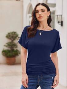OUTBALL Women's Solid Short Sleeve Boat Neck Dolman Top With Side Shirring Casual Loose Fit T-Shirt - 藏蓝色 - 查看 3