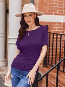 OUTBALL Women's Solid Short Sleeve Boat Neck Dolman Top With Side Shirring Casual Loose Fit T-Shirt - 深紫色 - 查看 4