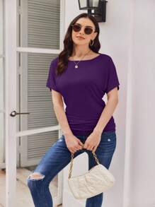 OUTBALL Women's Solid Short Sleeve Boat Neck Dolman Top With Side Shirring Casual Loose Fit T-Shirt - 深紫色 - 查看 5
