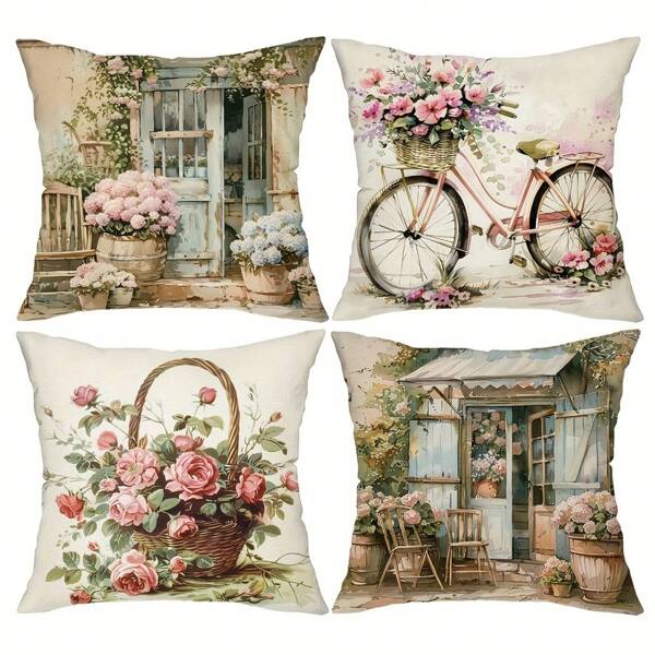 4pcs, Vintage Floral Boho Throw Pillow Covers, Rustic Style Retro Flowers Home Decor Cushion Covers, Cozy Farmhouse Decor Pillowcases, For Porch Patio Couch Sofa Living Room Outdoor
