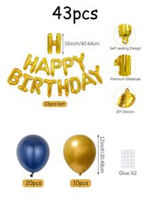 43 件金色“生日快乐”字母气球套装，包括蓝色和金色乳胶气球，16 英寸“生日快乐”铝箔气球，适合浪漫派对、生日派对、周年庆典装饰 - 彩色 - 查看 2