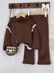 2 pièces/set jeunes filles Sweat-shirt à capuche avec patchwork floral doublé thermique et pantalon, automne/hiver - Marron - Voir 1