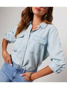 Women Button Down Denim Shirts Collared Casual Long Sleeve Blouses Tops With Pockets - màu xanh nhạt - Xem 4