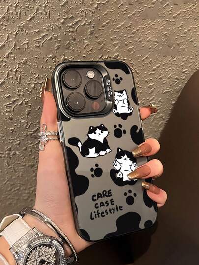 1 pieza Funda de teléfono antideslizante de TPU con diseño de gatito de dibujos animados en crema, negro y blanco, compatible con iPhone y teléfonos inteligentes