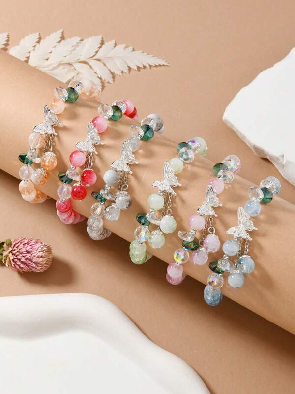 6pcs Set Gradient Ice Crack Glass Crystal Butterfly Bracelets, Cute & Lovely For Girl Holiday Gift, Handmade With Color Difference In Each Batch