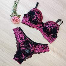 Luxury Two-Tone Lace Bra Lingerie Set - 149 - 玫紅色 - 查看 1