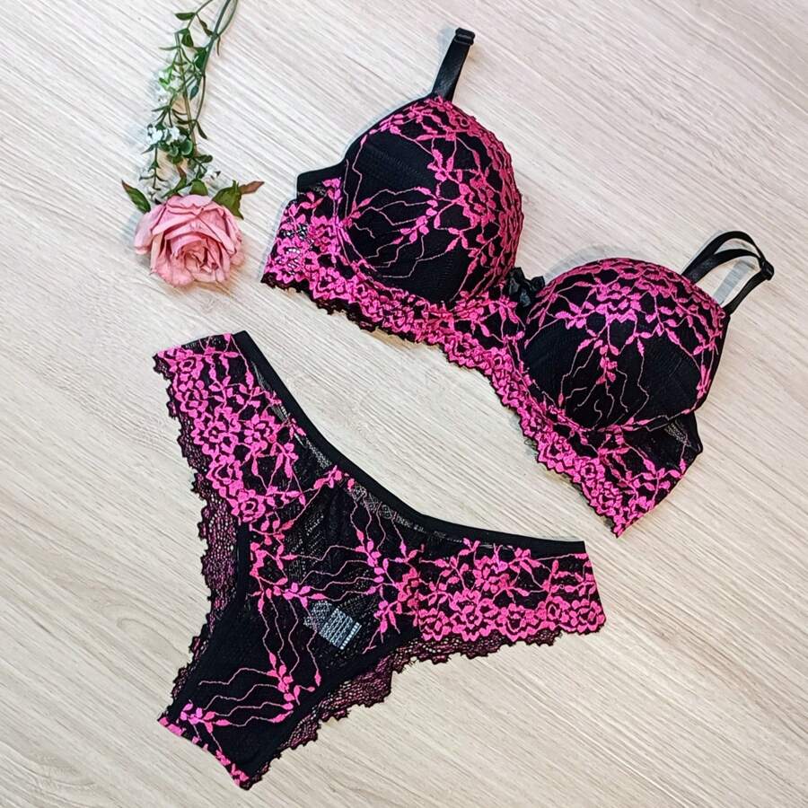 Luxury Two-Tone Lace Bra Lingerie Set - 149 - 玫紅色 - 查看 1
