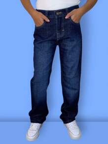 CHUEKITOS. Pantalón de mezclilla para niño corte vaquero, deslavado y con bigotes, con resorte ajustador en la cintura - Azul - Ver 1