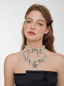 BOCAR 1 件 Emo Grunge 配饰银星卡哇伊可爱项链 Y2K 多层珍珠串珠流苏吊坠项链 适合女士，新年派对 - 多層項鍊 - 查看 5