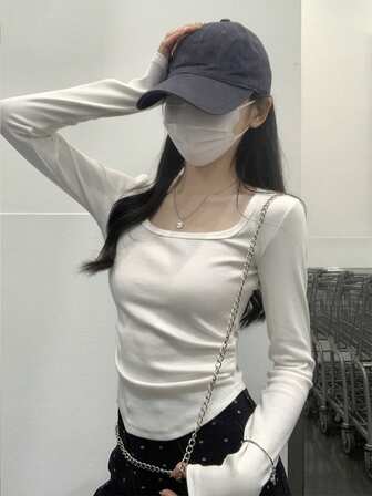 女士方领套头 T 恤，皱褶设计修身短款上衣