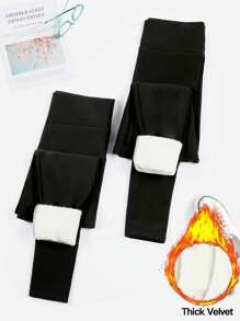 2件套保暖内衬打底裤，休闲高腰保暖打底裤，户外运动冬季紧身裤 - 黑色 - 查看 4