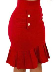 Women's Bengaline Skirt With Buttons And Ruffle Detail - Đỏ - Xem 2