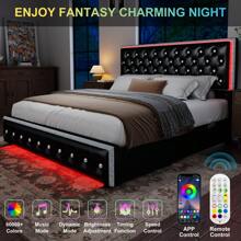 SIBEDS Queen Size Upholstered RGB LED Bed Frame With 2 Storage Drawers & Side Pockets, King Size Platform Bed With Crystal Button Tufted Headboard & Solid Slats, Noise-Free, No Box Spring Needed, Easy Assembly, PU Leather & Soft Velvet - 聚氨酯黑色 - 查看 2
