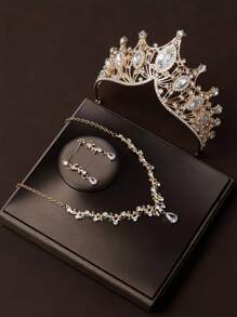 Bộ 3 vương miện và vương miện cho phụ nữ, vòng cổ hoa tai vương miện, bộ trang sức cô dâu pha lê, trang phục dự tiệc Halloween, trang sức dạ hội cho phụ nữ - Vàng - Xem 2