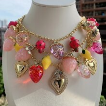 manbara 全新朋克优雅仿珍珠大樱桃吊坠项链可作为礼物红色草莓粗款嘻哈链项链珠宝波西米亚风 - 琉璃項鍊 - 查看 3