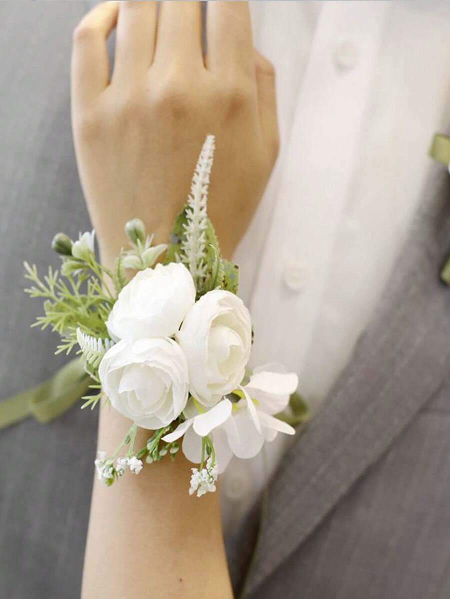 4Pcs Artificial Flower Wrist Corsage Flowers Or Boutonniere Handmade Bride Hand Flower Men Boutonniere For Wedding Party Prom Decorations - 白色1 - 查看 1