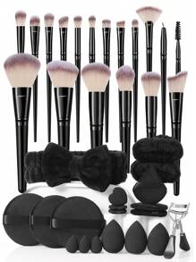 37/18/8件套化妆刷和化妆海绵工具套装组合。包含：18支化妆刷、3个化妆海绵、3个三角粉扑、3个指套粉扑、3个迷你化妆海绵、3个圆形散粉盒、1个SPA蝴蝶结发箍、2个腕带套装、1个睫毛夹。 - 黑色 - 查看 13
