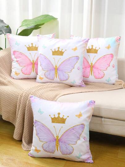 4pcs 45*45 Pink Purple Butterfly Pillow Case, Polyester Peach Skin Material Cushion Cover, Soft Pillowcase For Room Bed Sofa Decor, Creative Home Ornament Decorations