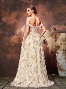 Faeriesty Dressalisa Maternity Floral Printed Mesh Off Shoulder Formal Prom Dress - Champagne - View 2