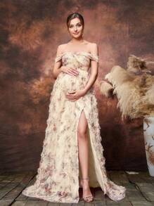 Faeriesty Dressalisa Maternity Floral Printed Mesh Off Shoulder Formal Prom Dress - Champagne - View 5