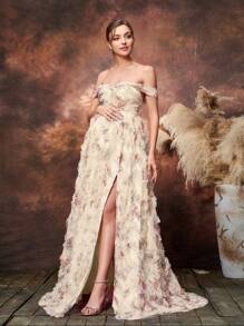 Faeriesty Dressalisa Maternity Floral Printed Mesh Off Shoulder Formal Prom Dress - Champagne - View 4
