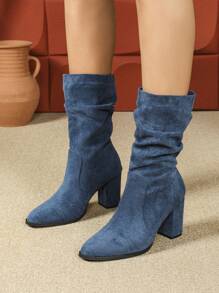 Giày bốt cổ cao xếp ly, mũi vuông French High-End Sense, co giãn vừa vặn, đa năng, mới thu/đông 2024, lớn hơn nửa cỡ - Màu xanh lam - Xem 2