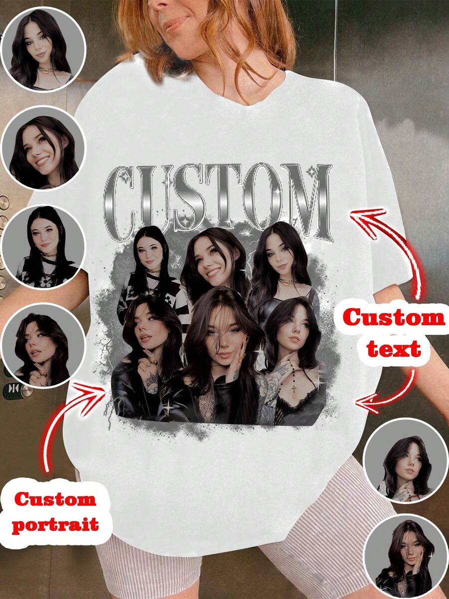 超大号衬衫，送给女友/妻子的礼物，情人节礼物，定制女式T恤 - 添加您自己的文字和图片（家庭照片/自拍/宠物照片/朋友照片/派对照片）来设计您专属的个性化印花T恤，适合印制宝宝/情侣/家庭/宠物照片，周年纪念礼物，情人节礼物，圣诞节礼物，感恩节礼物，新年礼物，适合度假、装饰、狗狗图案、独特、定制，是送给她、家人、朋友、粉红女孩的理想礼物，适合节日、度假、周年纪念，定制女式上衣，秋季新款女装，圣诞派对指南 - 白色 - 查看 1