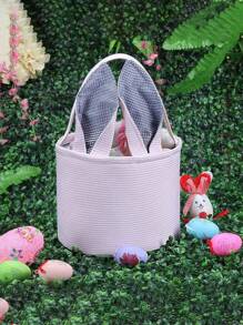 Custom Embroidered Text Canvas Bag Bunny Ears Candy Bag, Children's Decorative Tote Bucket, Christmas Canvas Bag Easter Basket, Wedding Party Bridesmaid Gift Bag, Suitable For Daily Use. Can Be Used As A Gift For Family, Friends, Children - Baby Pink - View 5