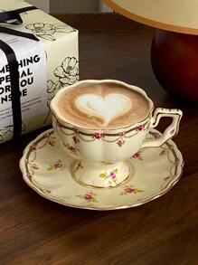 1 套复古欧式奢华金边花卉咖啡杯碟，居家/办公室下午茶/早餐杯碟套装