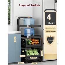 Höhenverstellbares Küchenlagerregal, multifunktionaler Boden-Topf-Pfannenhalter mit Gemüsekorb & Rädern