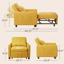 3 In 1 Adjustable Sleeper Sofa Chair Bed, Pull Out Sleeper Bed, Adjustable Backrest Recliner, Convertible Folding Lounge Sofa, Suitable For Living Room, Bedroom, Office And Other Small Spaces - 黃色 - 查看 4