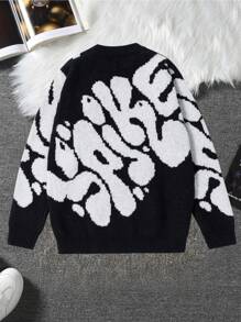 1pc Tween Boy Casual Letter Jacquard Crew Neck Pullover Knitted Sweater, Autumn/Winter