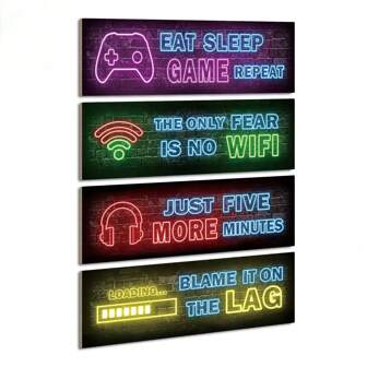Putuo Decor 4 Pcs Printed Neon Gaming Wooden Sign, Teen Boys Room Decorations, Gamer Wall Art Decor For Bedroom Wooden
