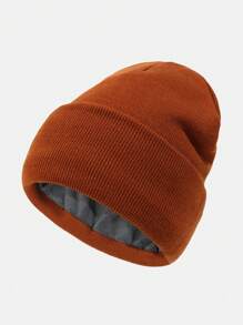 1pc Men Black Solid Thermal Lined Thick Knit Beanie Hat, Casual Pullover Cap Suitable For Daily Outdoor Use To Keep Warm In Extremely Cold Weather Fall Outfit