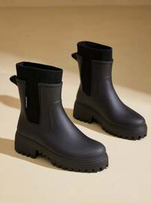 Women's Fashion Elastic Ankle Mid-Calf Rain Boots, Chelsea Style Waterproof Non-Slip Durable Rain Boots For Commuting And Camping - Black - View 9