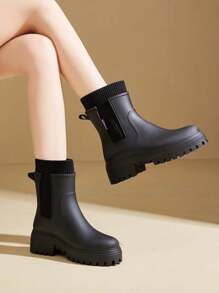 Women's Fashion Elastic Ankle Mid-Calf Rain Boots, Chelsea Style Waterproof Non-Slip Durable Rain Boots For Commuting And Camping - Black - View 5