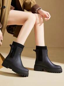 Women's Fashion Elastic Ankle Mid-Calf Rain Boots, Chelsea Style Waterproof Non-Slip Durable Rain Boots For Commuting And Camping - Black - View 3