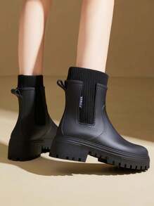 Women's Fashion Elastic Ankle Mid-Calf Rain Boots, Chelsea Style Waterproof Non-Slip Durable Rain Boots For Commuting And Camping - Black - View 4