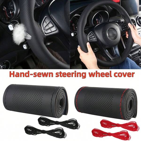 38cm/15 Inch Hand Sewing Steering Wheel Cover, DIY Breathable Anti-Slip Leather Steering Wheel Anti-Scratch Cover, Car Wheel Cover Protector With Needle And Thread, Decorative Modification Accessory, For Most Car Models