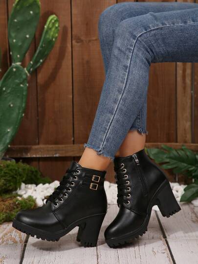 Nuevos Botines de Mujer de Tacón Alto con Doble Hebilla y Suela Gruesa para Otoño/Invierno, Cómodos Botines de Trabajo