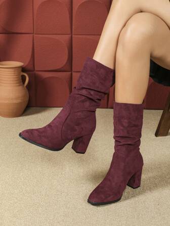 Ruched, staplade klackstövlar för kvinnor, fyrkantiga tå höga klackar med resår vid fotled, 2024 höst/vinternyhet, franska snygga, körs halv storlek större