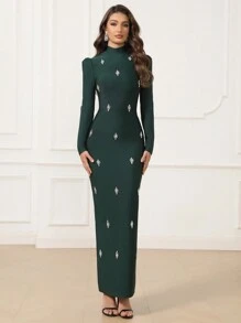 Love Aing LOVE Aing Women Elegant Luxury Long Sleeve Slit Dress, V-Neck Black Bandage Evening Gown For Party, Wedding Banquet, Wedding Guest Dress, Formal Dress
