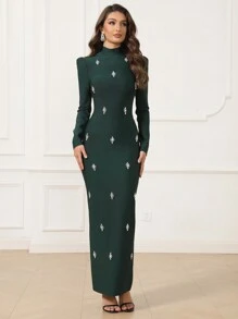 Love Aing LOVE Aing Women Elegant Luxury Long Sleeve Slit Dress, V-Neck Black Bandage Evening Gown For Party, Wedding Banquet, Wedding Guest Dress, Formal Dress