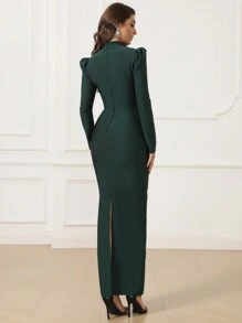 Love Aing LOVE Aing Women Elegant Luxury Long Sleeve Slit Dress, V-Neck Black Bandage Evening Gown For Party, Wedding Banquet, Wedding Guest Dress, Formal Dress