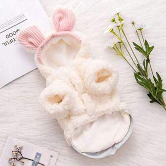 1pc White Thickened Fleece Solid Color Bear Ear Pet Coat, Suitable For Medium & Small Cats & Dogs In Winter, Keep Warm & As Photo Props
