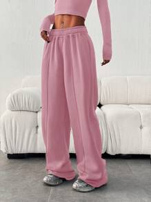 女士休闲宽松纯色松紧腰带口袋运动裤 - 粉色 - 查看 5